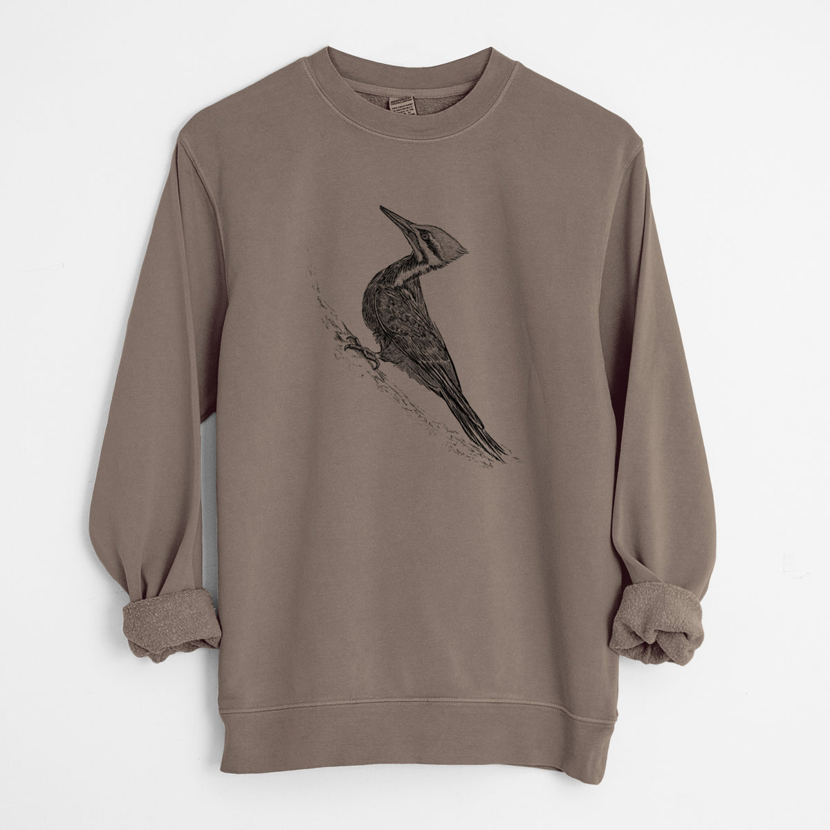 Pileated Woodpecker - Dryocopus pileatus - Unisex Pigment Dyed Crew Sweatshirt in Espresso Brown Color