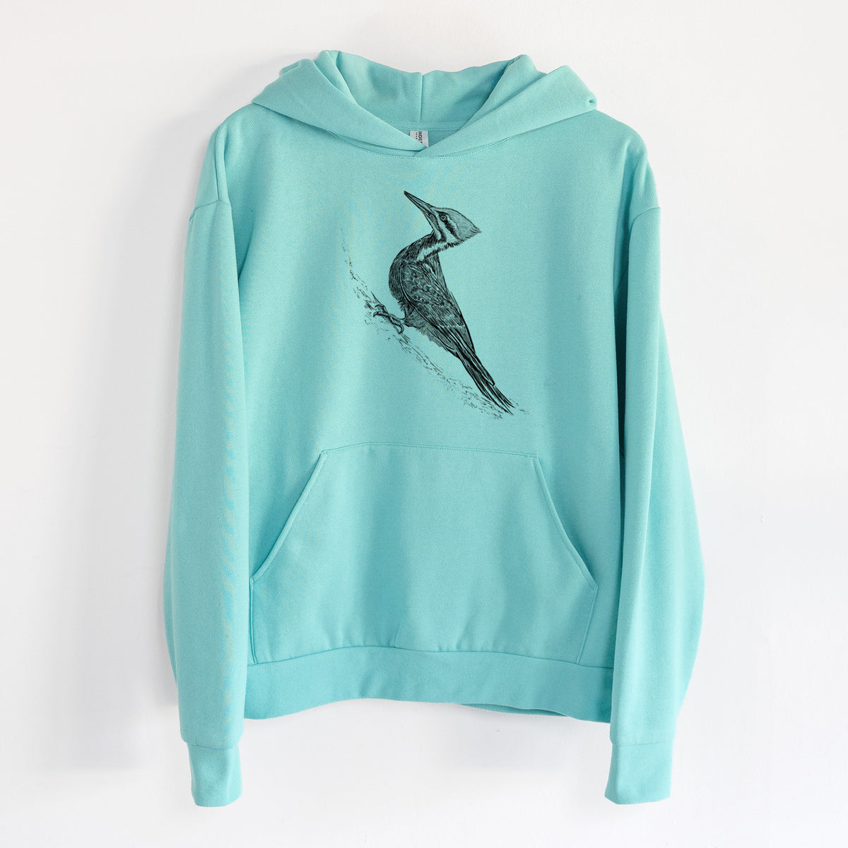 Pileated Woodpecker - Dryocopus pileatus - Statement Midweight Hoodie in Seafoam, hanging on a white wall, with a front kangaroo pocket and no drawcords.
