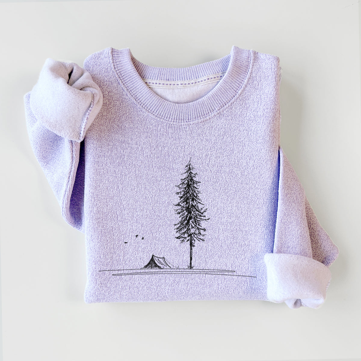 Ice purple knit sweatshirt printed with a black ink illustration of a tall pine tree beside a small tent on a hill, styled flat.