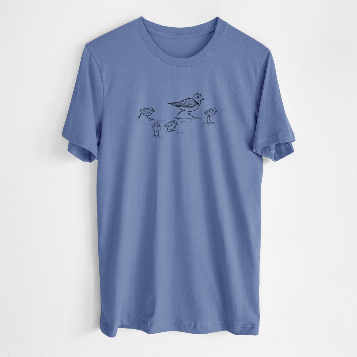 Blue bell lightweight cotton t-shirt laid flat, printed with a black ink sketch of a piping plover with its chicks on the sand.