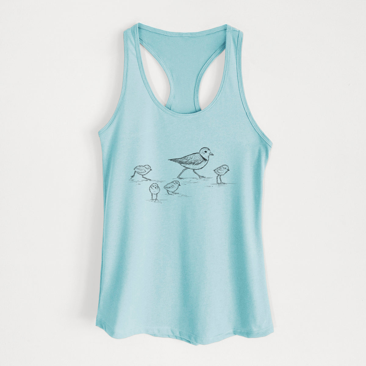Cancun blue women's racerback tank top laid flat, printed with a black ink sketch of a piping plover with its chicks on the sand.