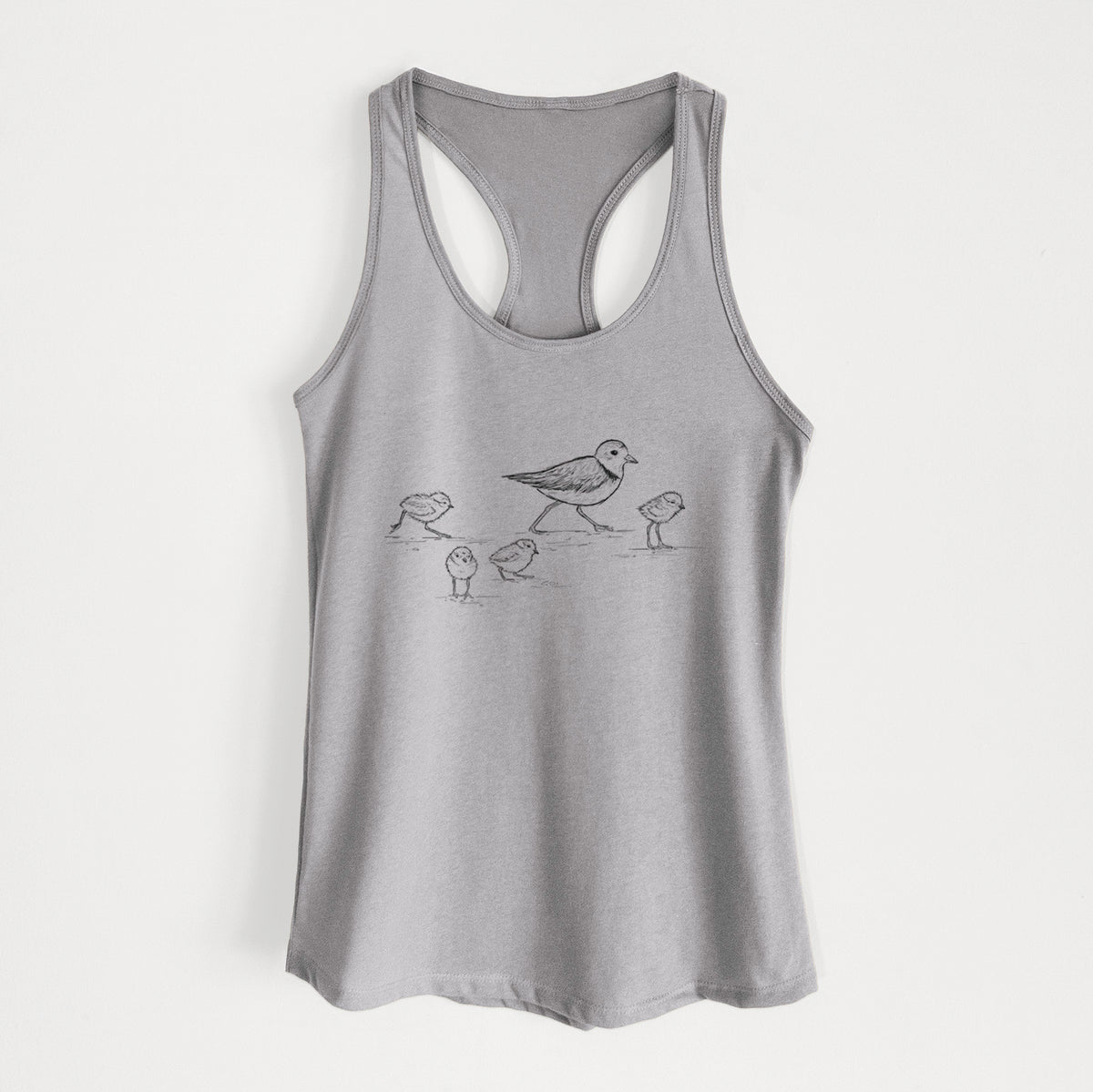 Heather grey women's racerback tank top laid flat, printed with a black ink sketch of a piping plover with its chicks on the sand.