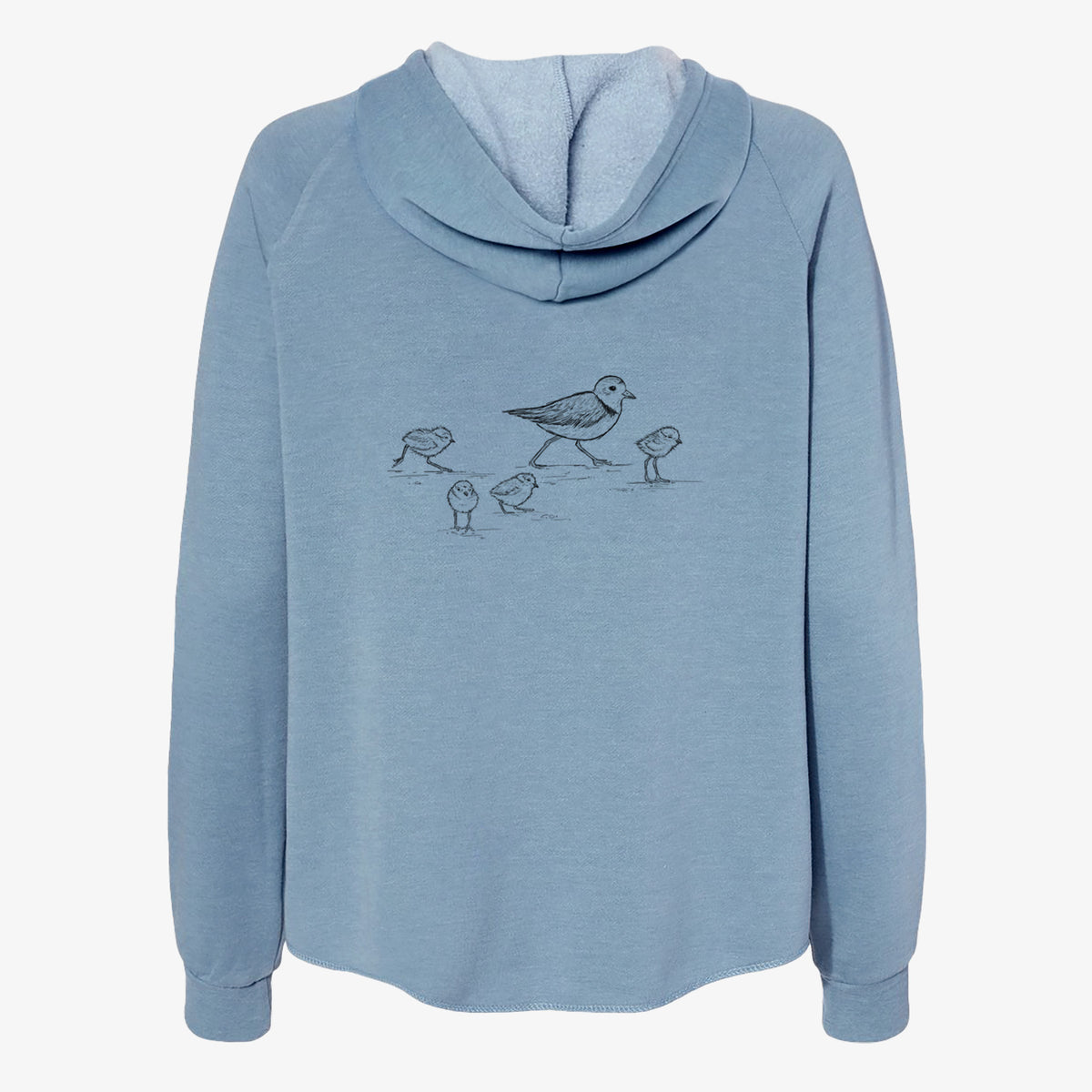 Misty blue women's Cali Wave zip-up sweatshirt laid flat, printed with a black ink sketch of a piping plover with its chicks on the sand.