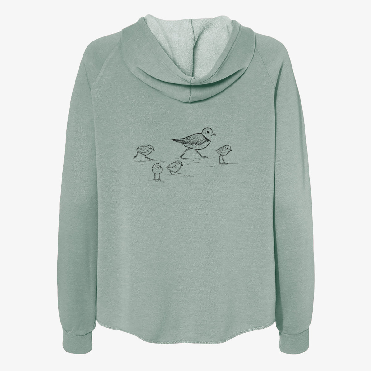 Sage green women's Cali Wave zip-up sweatshirt laid flat, printed with a black ink sketch of a piping plover with its chicks on the sand.