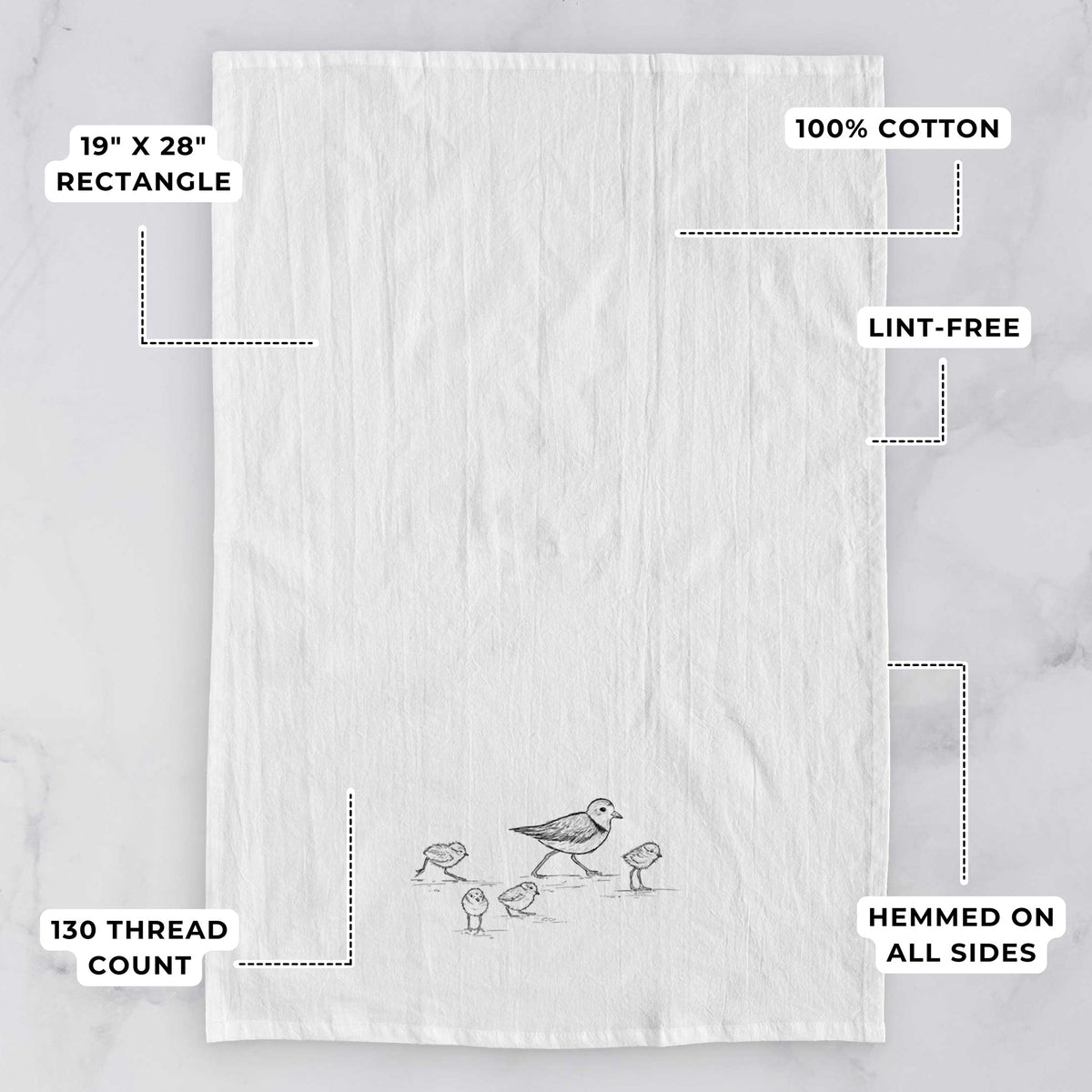 White tea towel printed with a black ink sketch of a piping plover with its chicks on the sand, with feature labels: 19 by 28 inch rectangle, 100% cotton, lint-free, 130 thread count, hemmed on all sides.