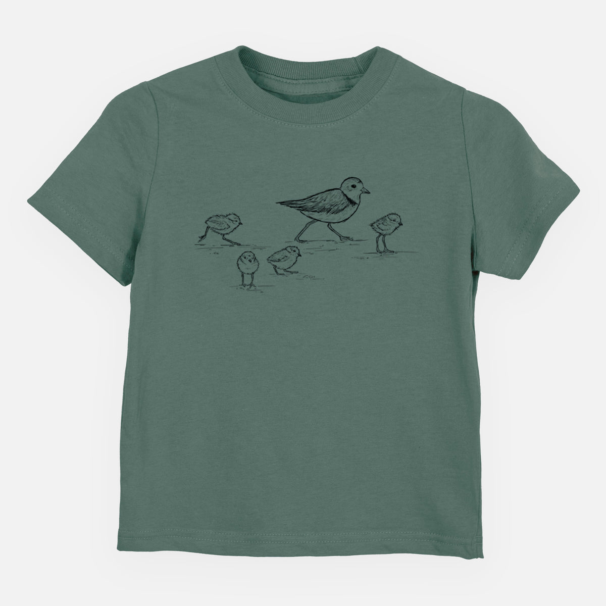 Basil green toddler t-shirt laid flat, printed with a black ink sketch of a piping plover with its chicks on the sand.