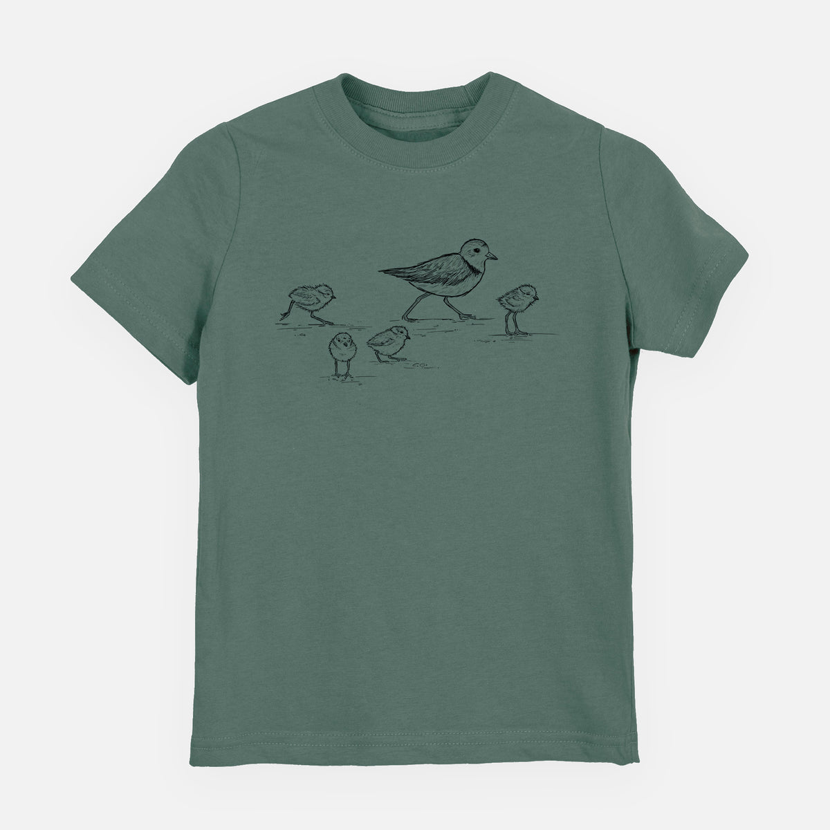 Basil green youth t-shirt laid flat, printed with a black ink sketch of a piping plover with its chicks on the sand.