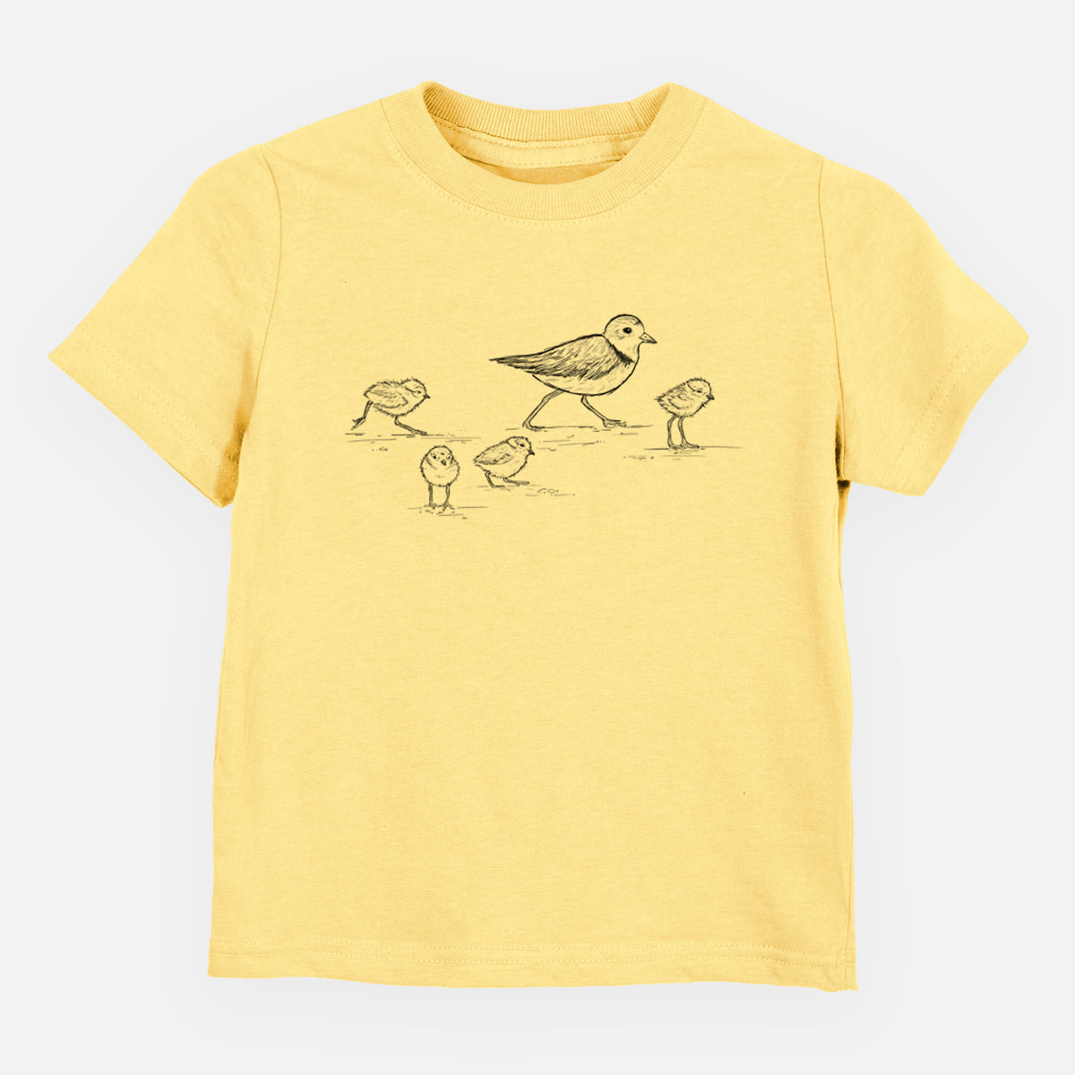 Butter yellow toddler t-shirt laid flat, printed with a black ink sketch of a piping plover with its chicks on the sand.
