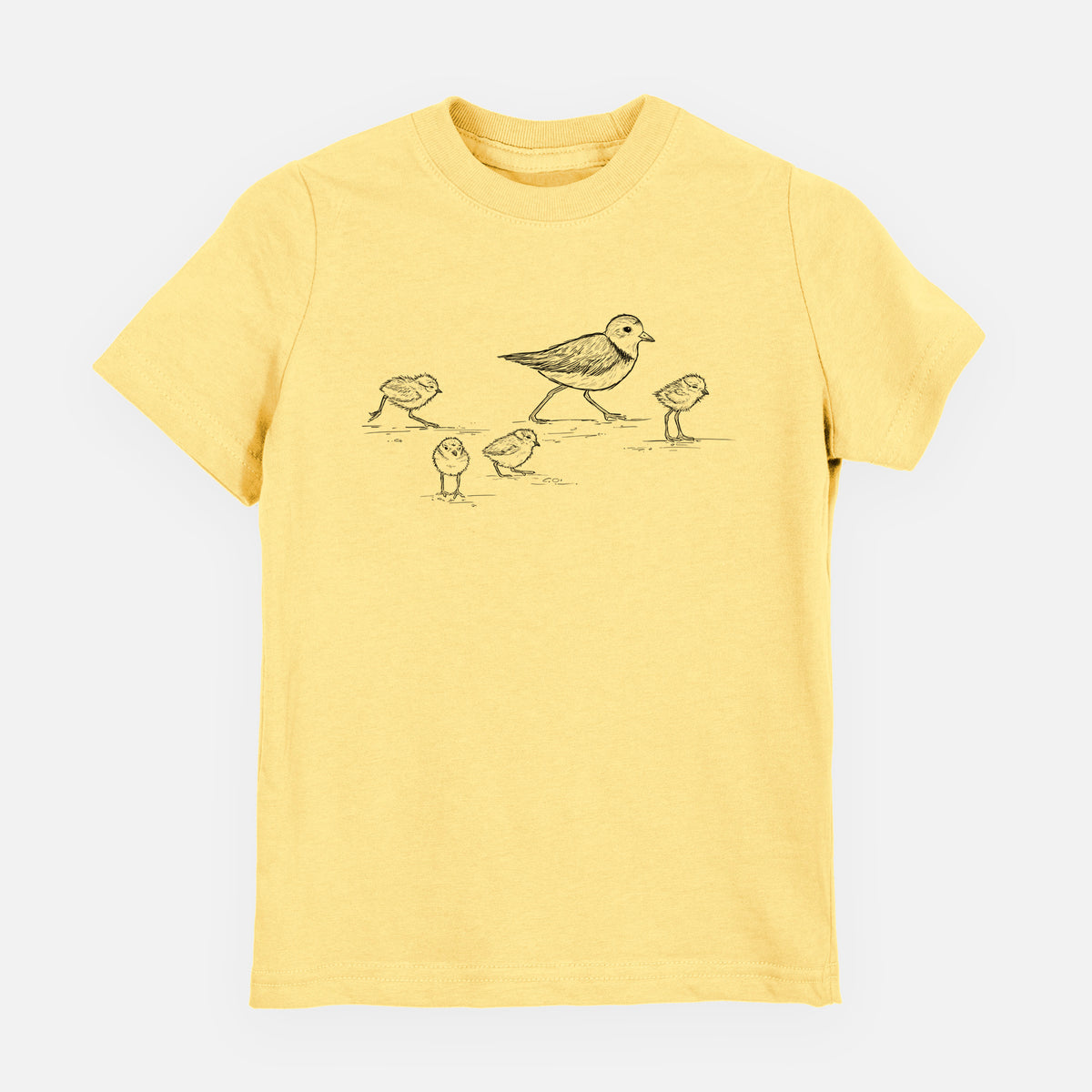 Butter yellow youth t-shirt laid flat, printed with a black ink sketch of a piping plover with its chicks on the sand.