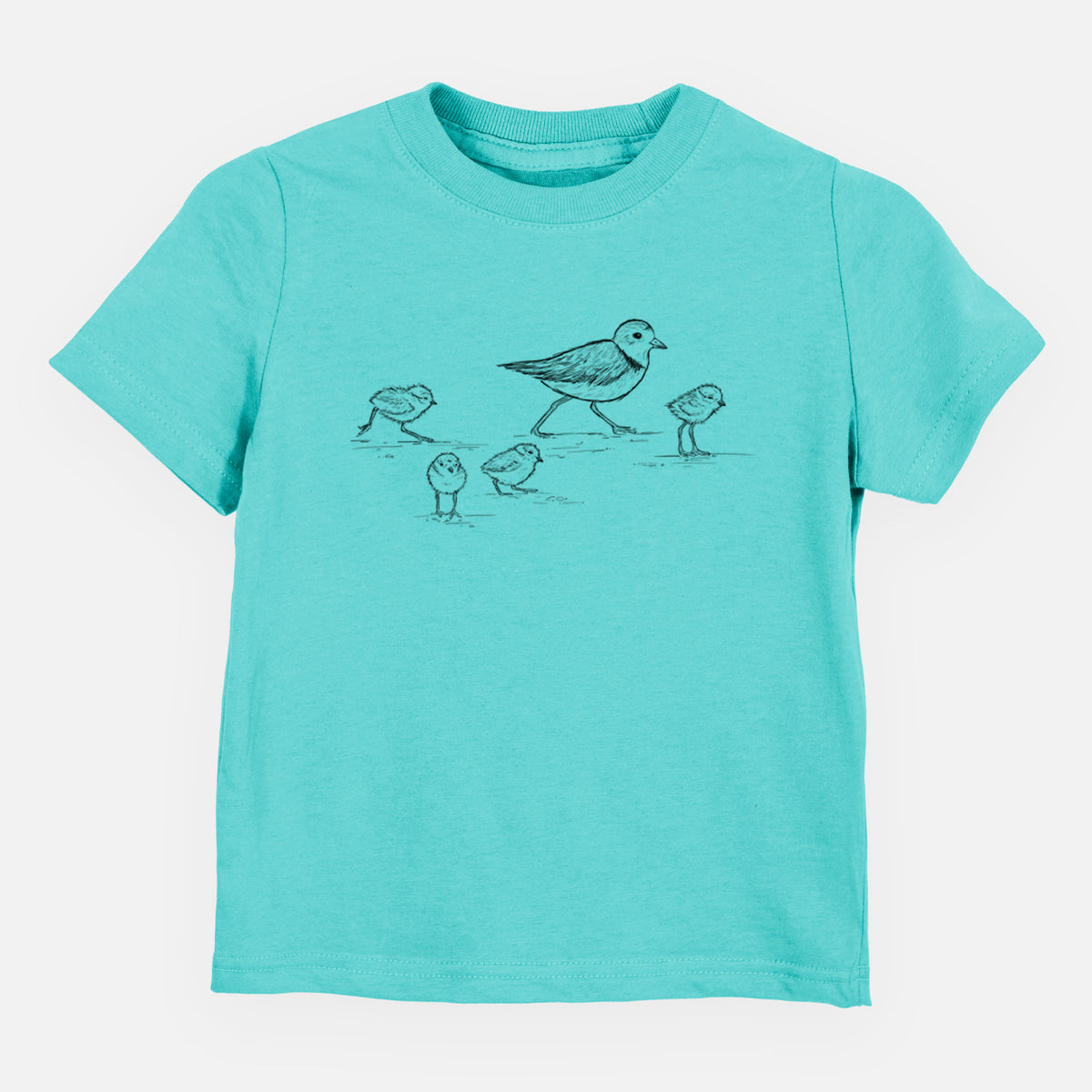 Caribbean blue toddler t-shirt laid flat, printed with a black ink sketch of a piping plover with its chicks on the sand.