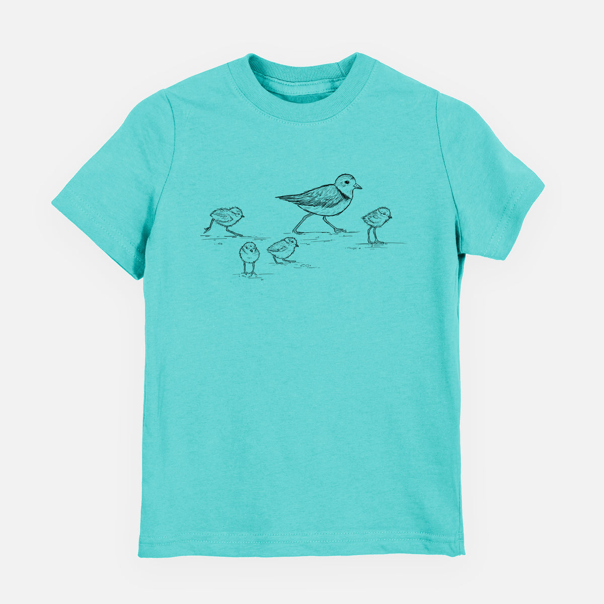 Caribbean blue youth t-shirt laid flat, printed with a black ink sketch of a piping plover with its chicks on the sand.