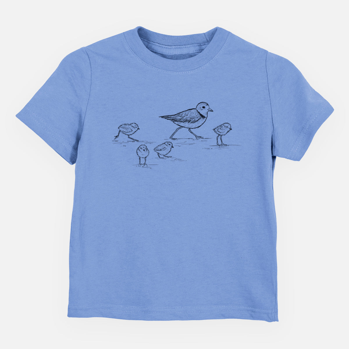 Carolina blue toddler t-shirt laid flat, printed with a black ink sketch of a piping plover with its chicks on the sand.