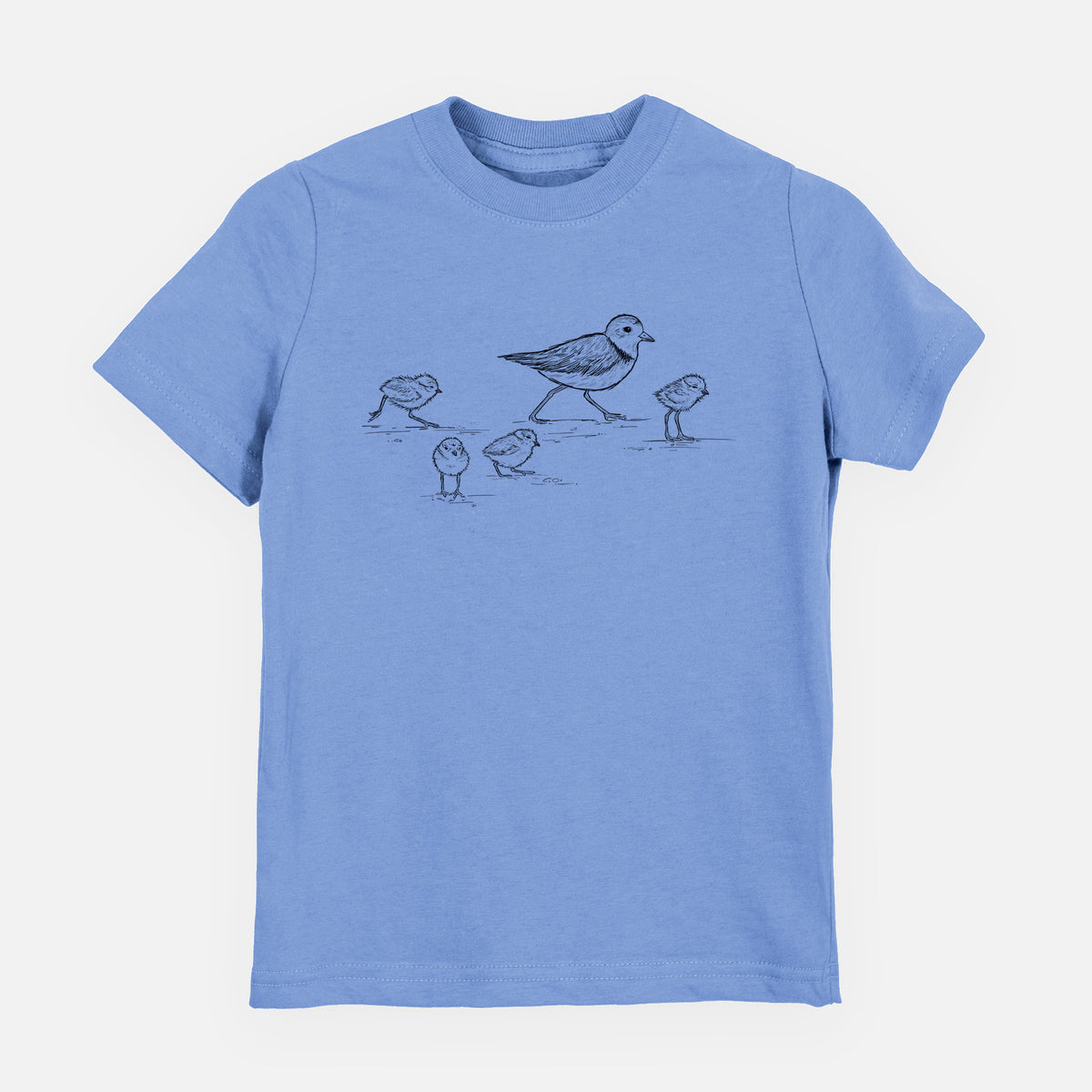 Carolina blue youth t-shirt laid flat, printed with a black ink sketch of a piping plover with its chicks on the sand.