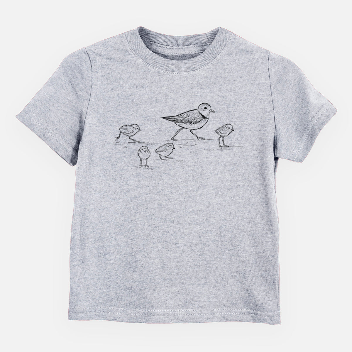 Heather grey toddler t-shirt laid flat, printed with a black ink sketch of a piping plover with its chicks on the sand.