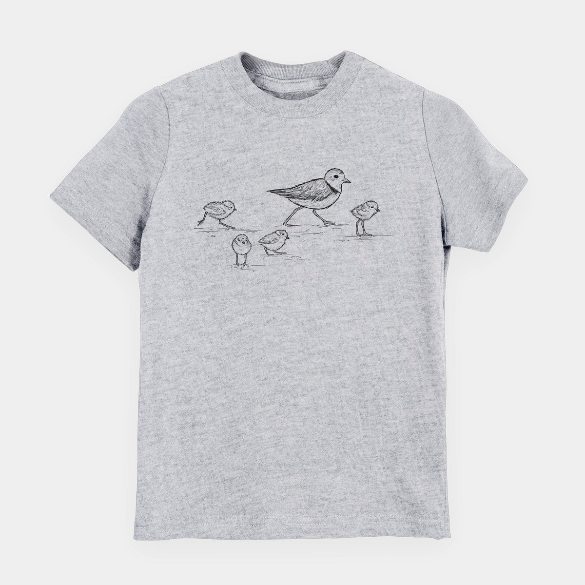 Heather grey youth t-shirt laid flat, printed with a black ink sketch of a piping plover with its chicks on the sand.