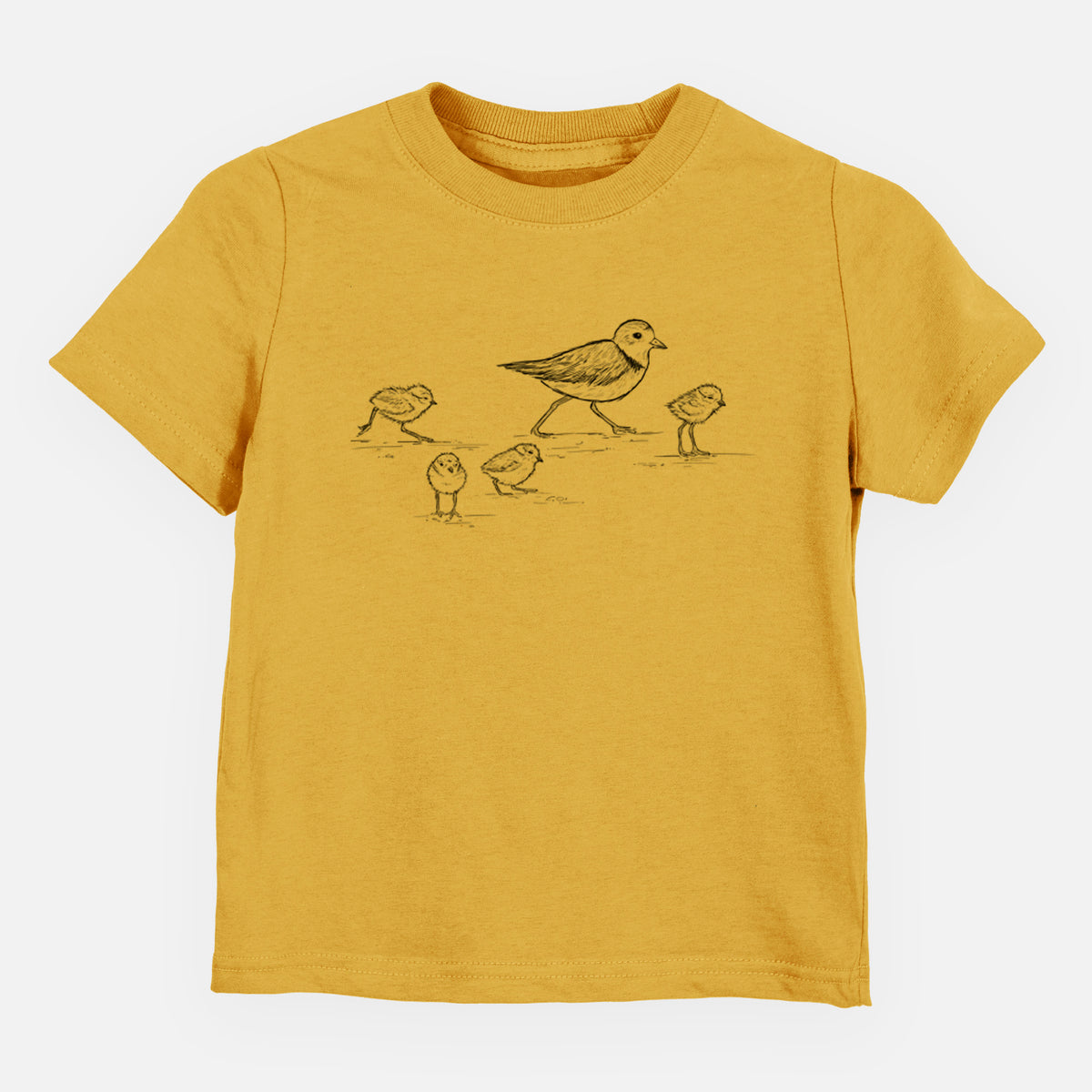 Honeycomb yellow toddler t-shirt laid flat, printed with a black ink sketch of a piping plover with its chicks on the sand.