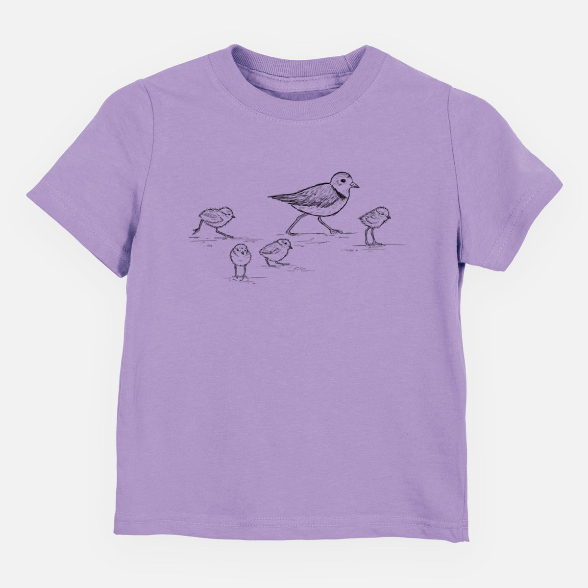 Lavender toddler t-shirt laid flat, printed with a black ink sketch of a piping plover with its chicks on the sand.
