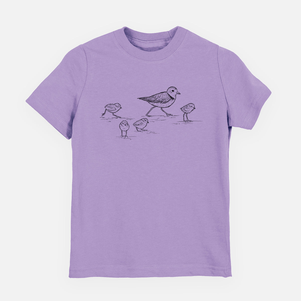 Lavender youth t-shirt laid flat, printed with a black ink sketch of a piping plover with its chicks on the sand.