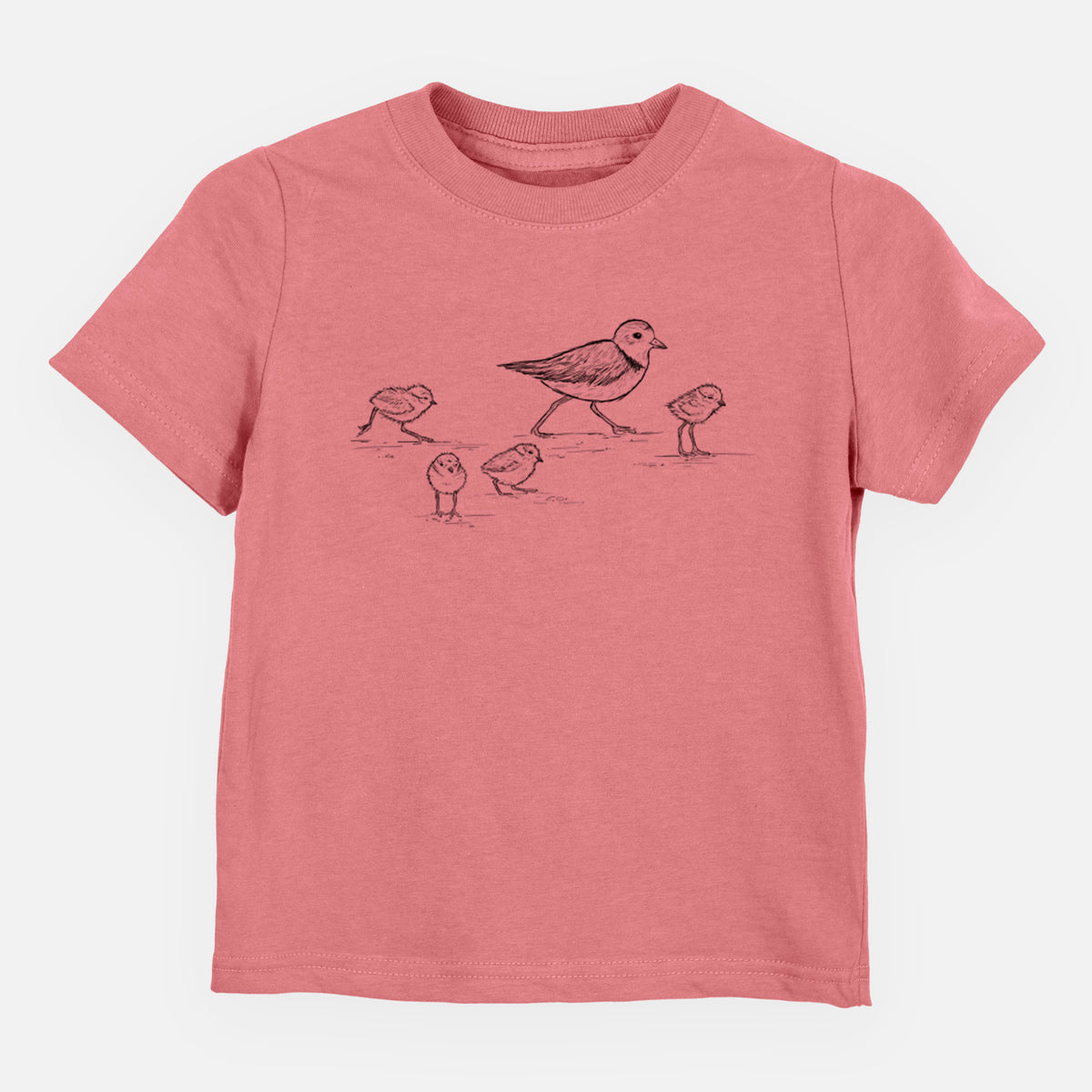 Mauve pink toddler t-shirt laid flat, printed with a black ink sketch of a piping plover with its chicks on the sand.