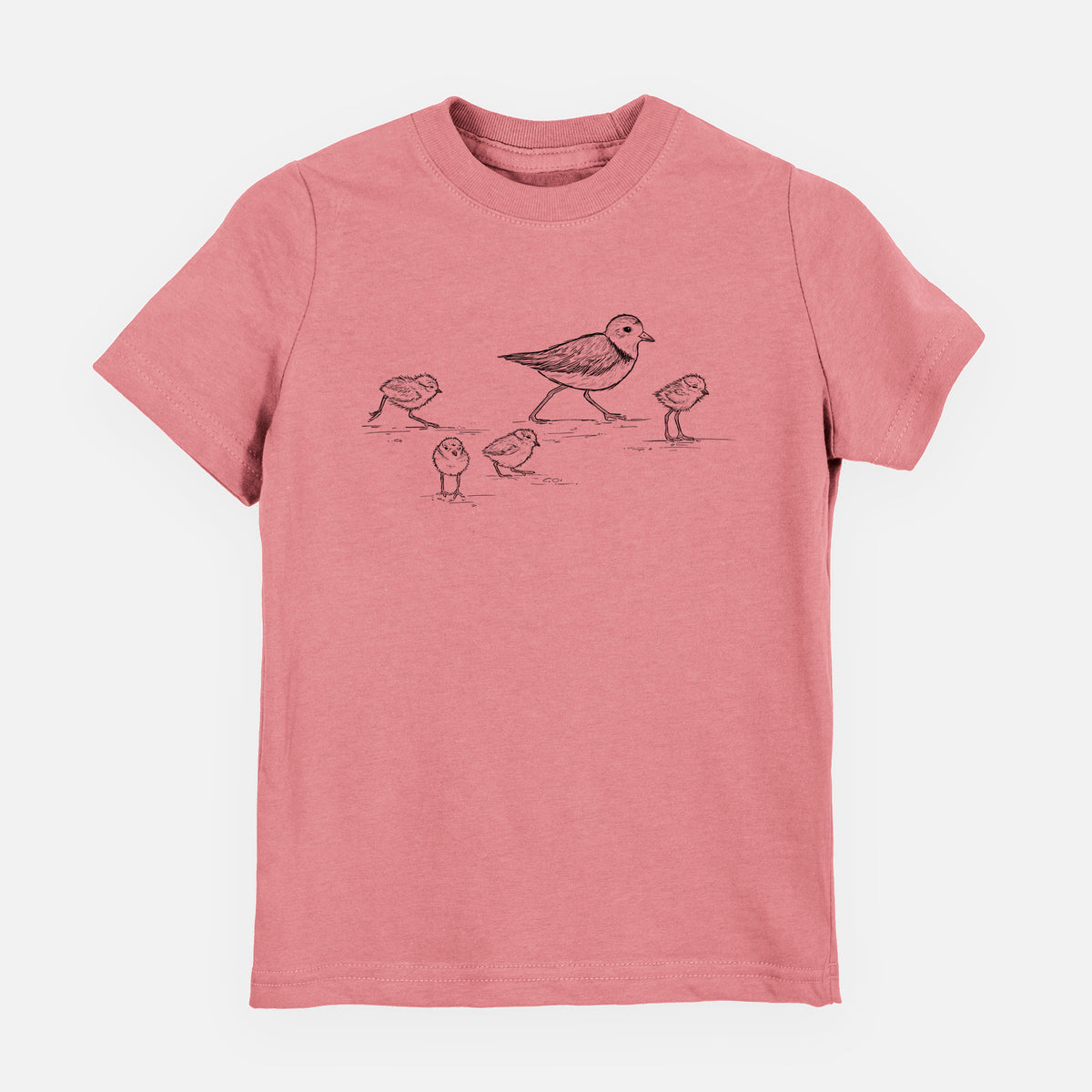 Mauve pink youth t-shirt laid flat, printed with a black ink sketch of a piping plover with its chicks on the sand.