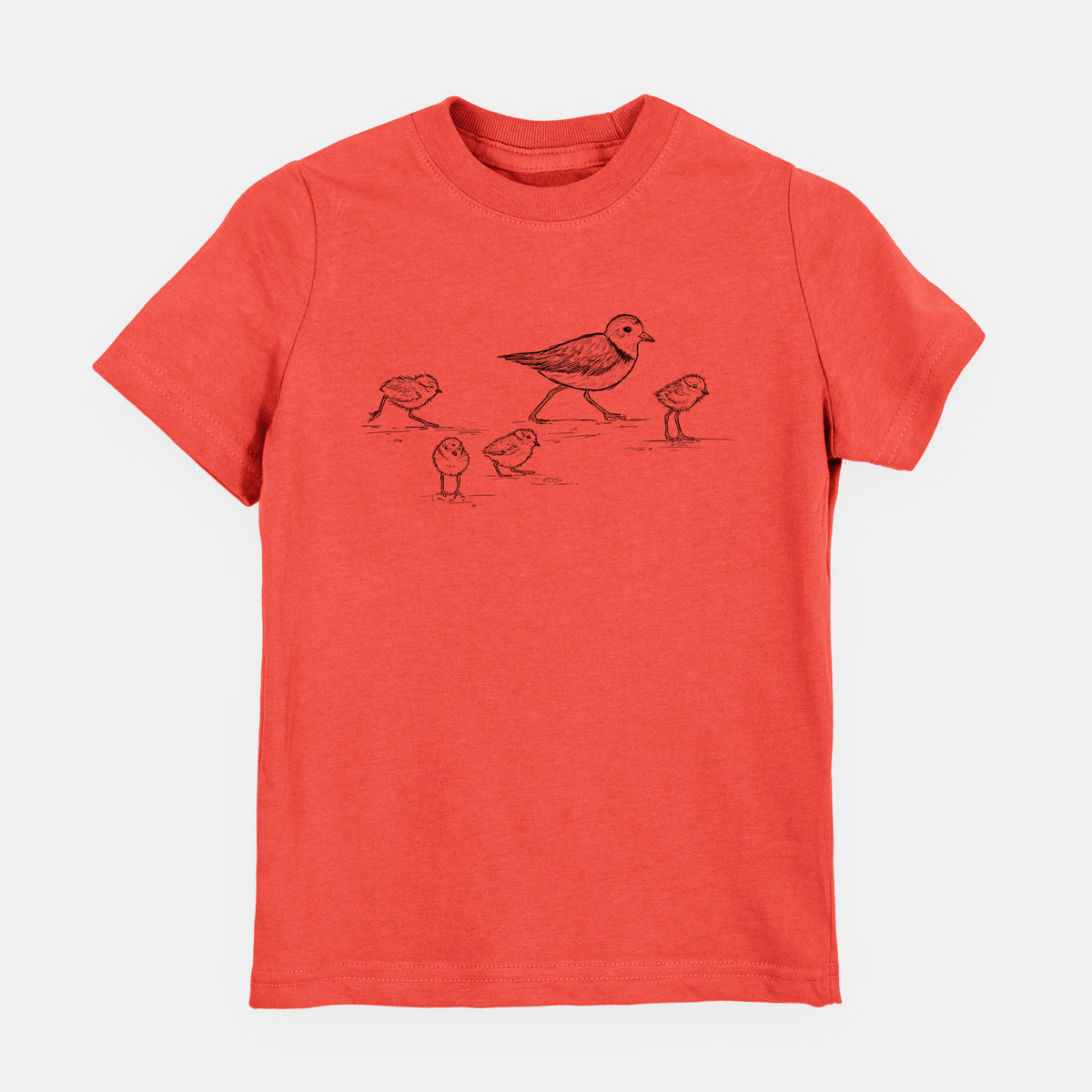 Passionfruit pink youth t-shirt laid flat, printed with a black ink sketch of a piping plover with its chicks on the sand.