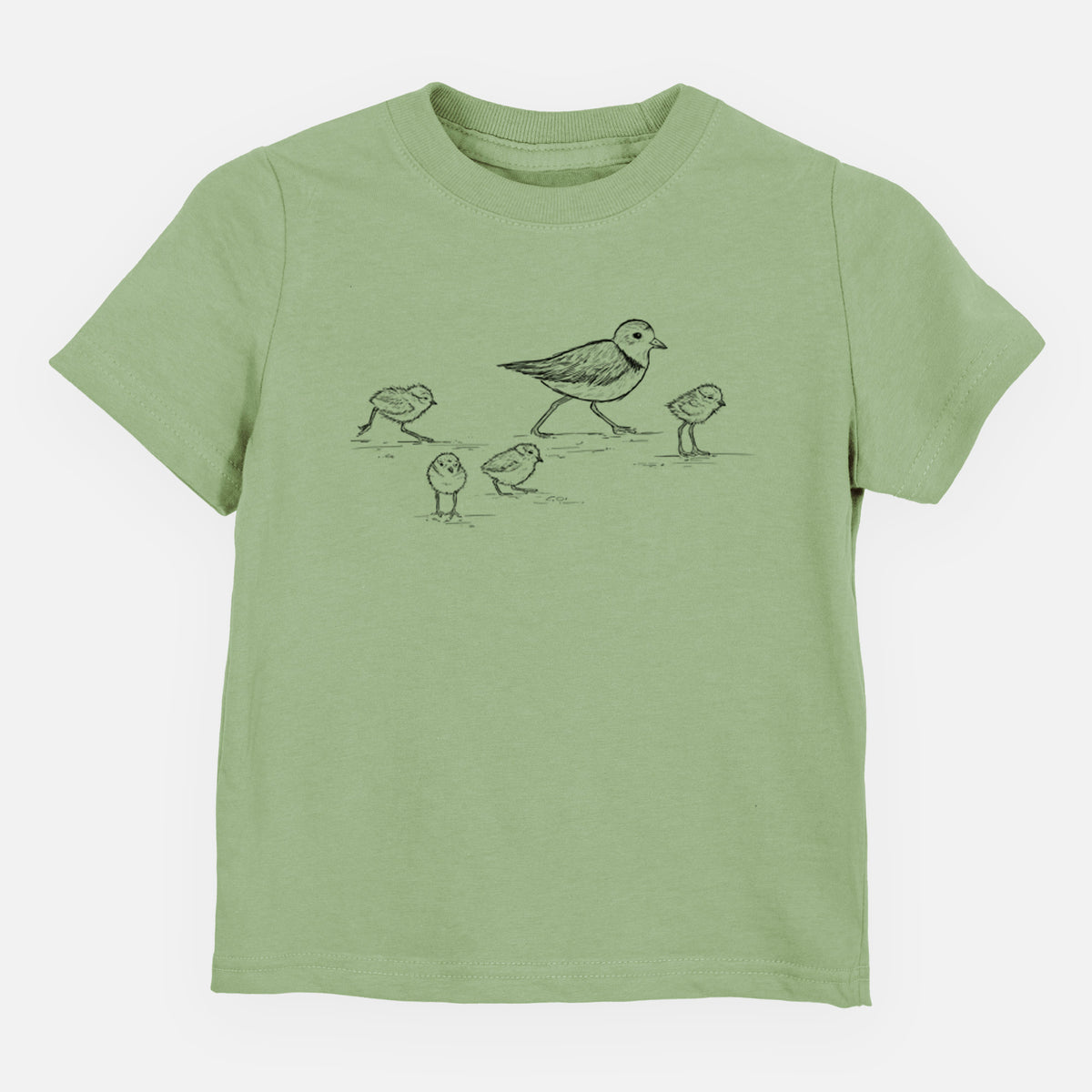 Sage green toddler t-shirt laid flat, printed with a black ink sketch of a piping plover with its chicks on the sand.