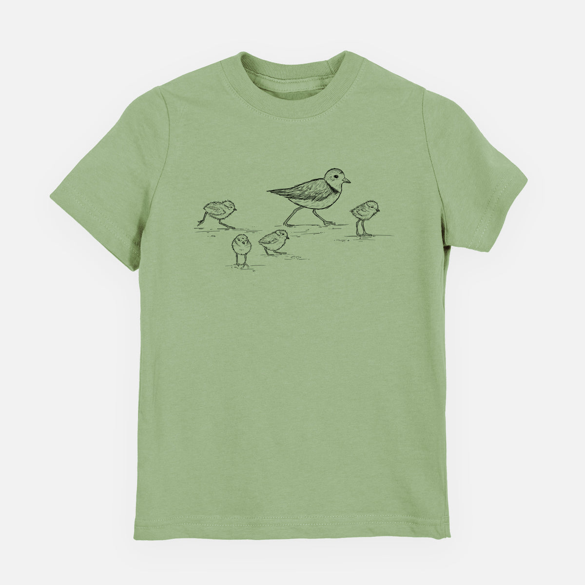 Sage green youth t-shirt laid flat, printed with a black ink sketch of a piping plover with its chicks on the sand.