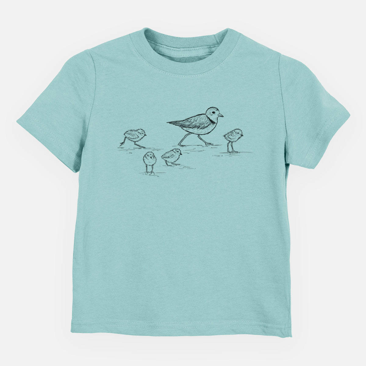Saltwater toddler t-shirt laid flat, printed with a black ink sketch of a piping plover with its chicks on the sand.