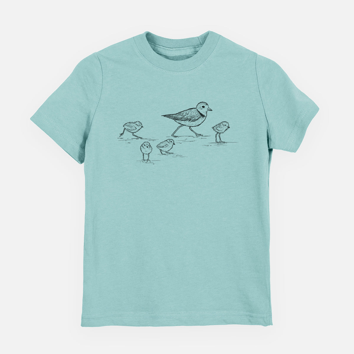Saltwater youth t-shirt laid flat, printed with a black ink sketch of a piping plover with its chicks on the sand.