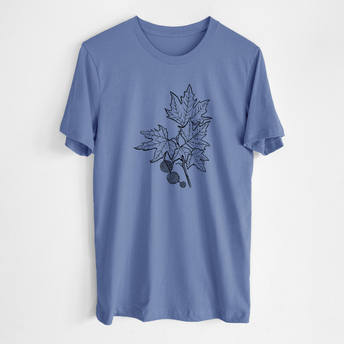 Blue bell lightweight cotton t-shirt laid flat, printed with a black ink illustration of an oriental plane tree branch with lobed leaves and round seed balls.