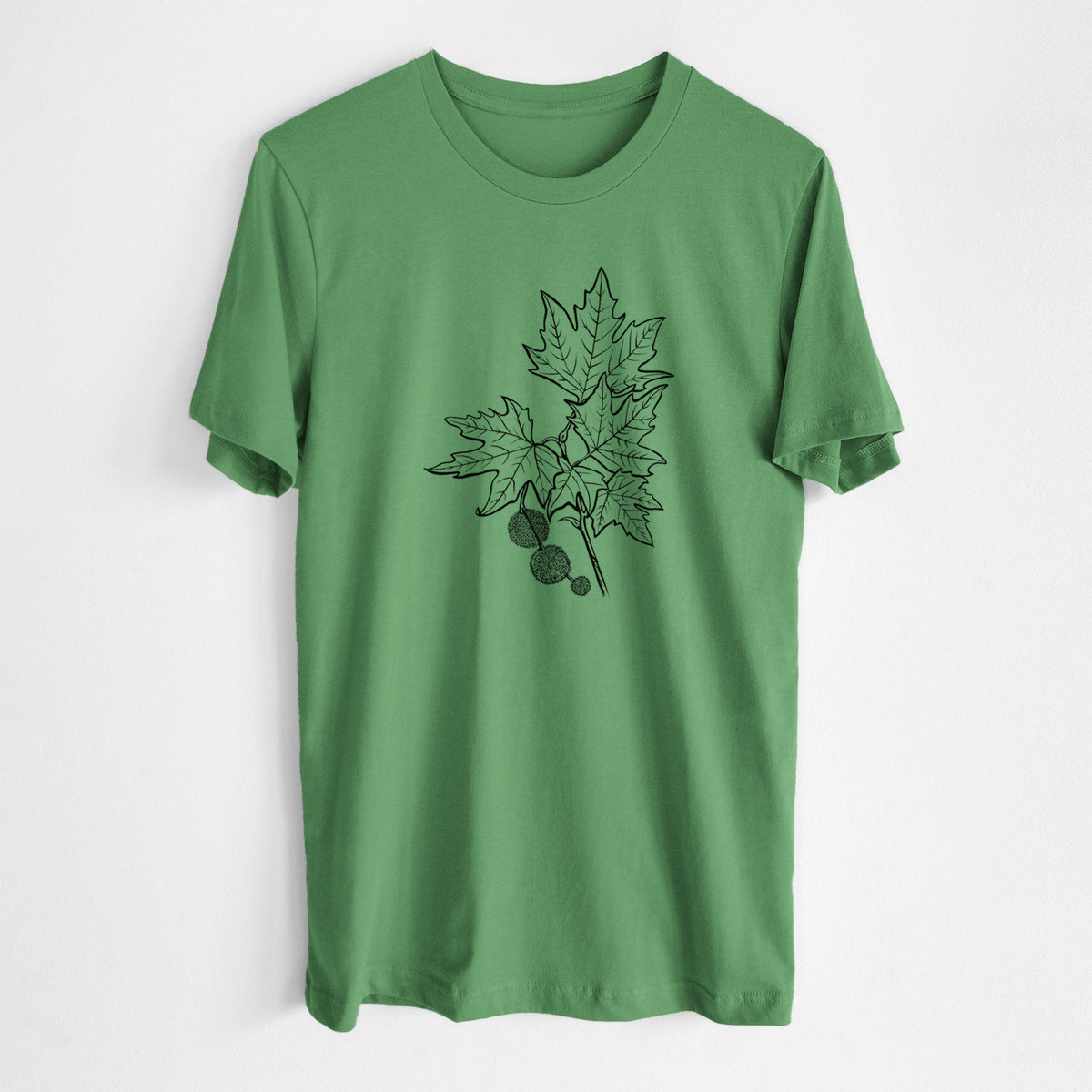 Leaf green lightweight cotton t-shirt laid flat, printed with a black ink illustration of an oriental plane tree branch with lobed leaves and round seed balls.