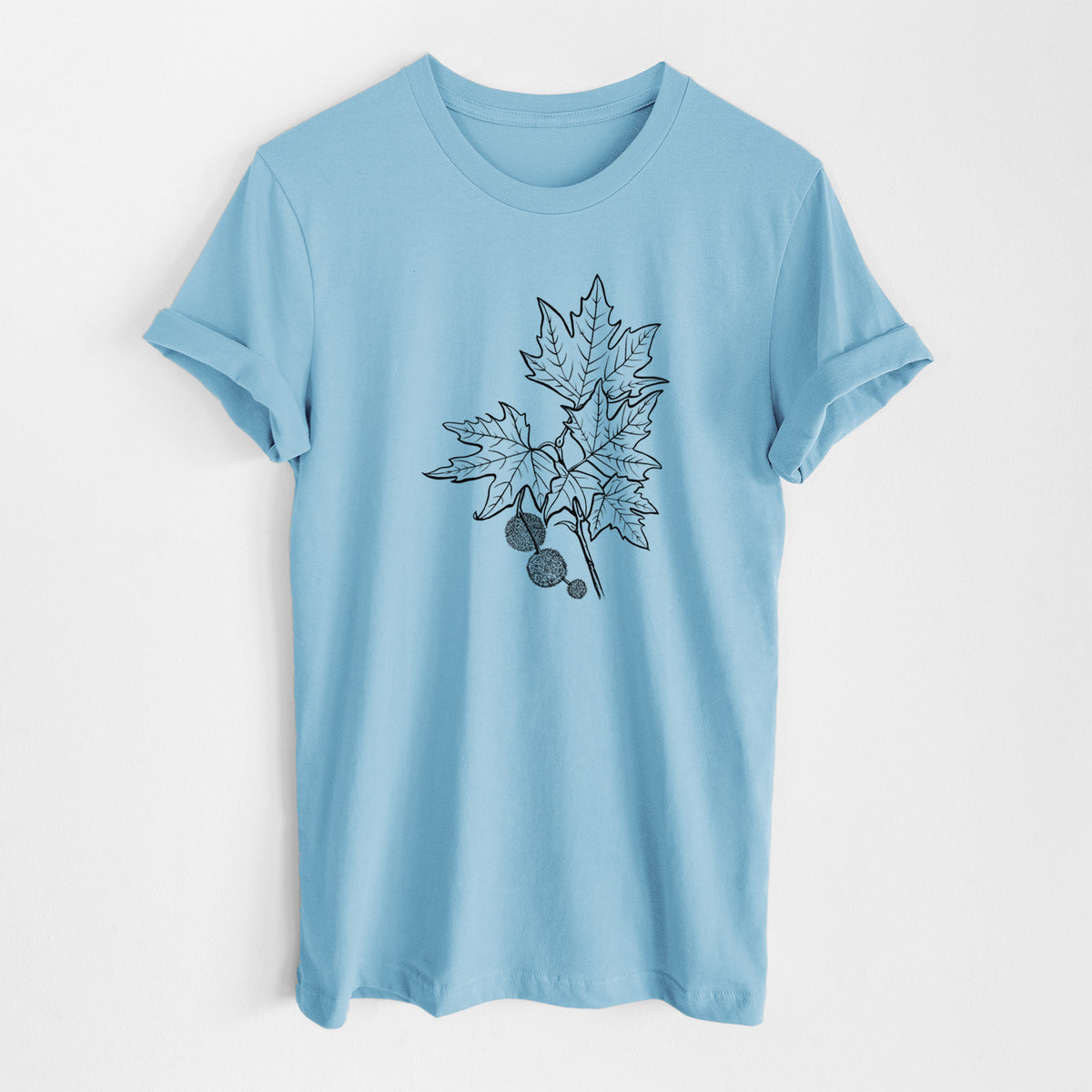 Ocean blue lightweight cotton t-shirt laid flat, printed with a black ink illustration of an oriental plane tree branch with lobed leaves and round seed balls.