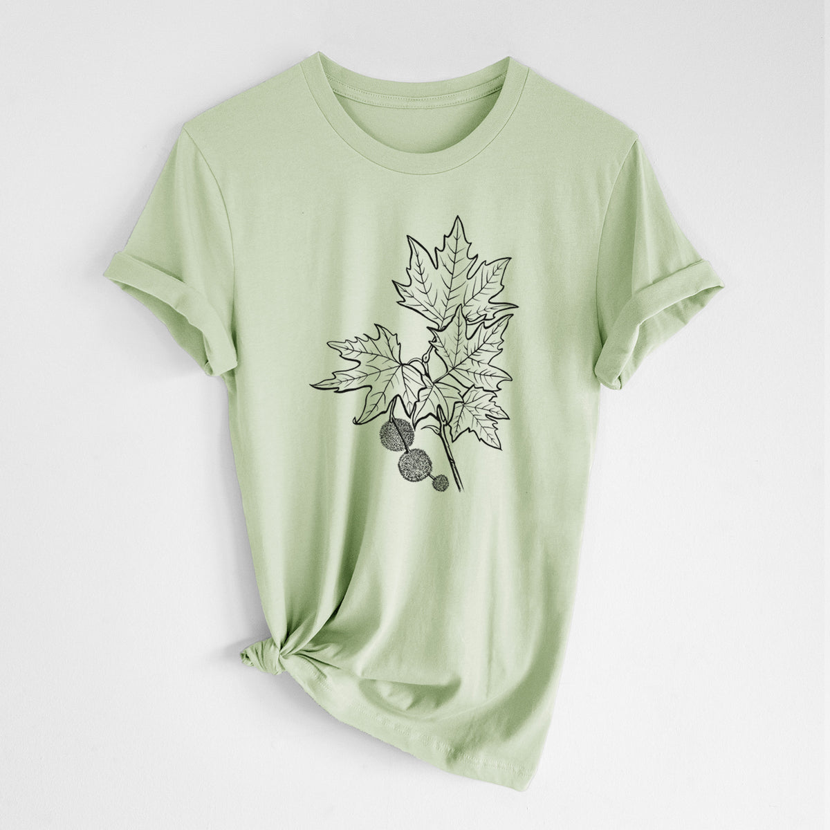 Spring green lightweight cotton t-shirt laid flat with the sleeves rolled, printed with a black ink illustration of an oriental plane tree branch with lobed leaves and round seed balls.