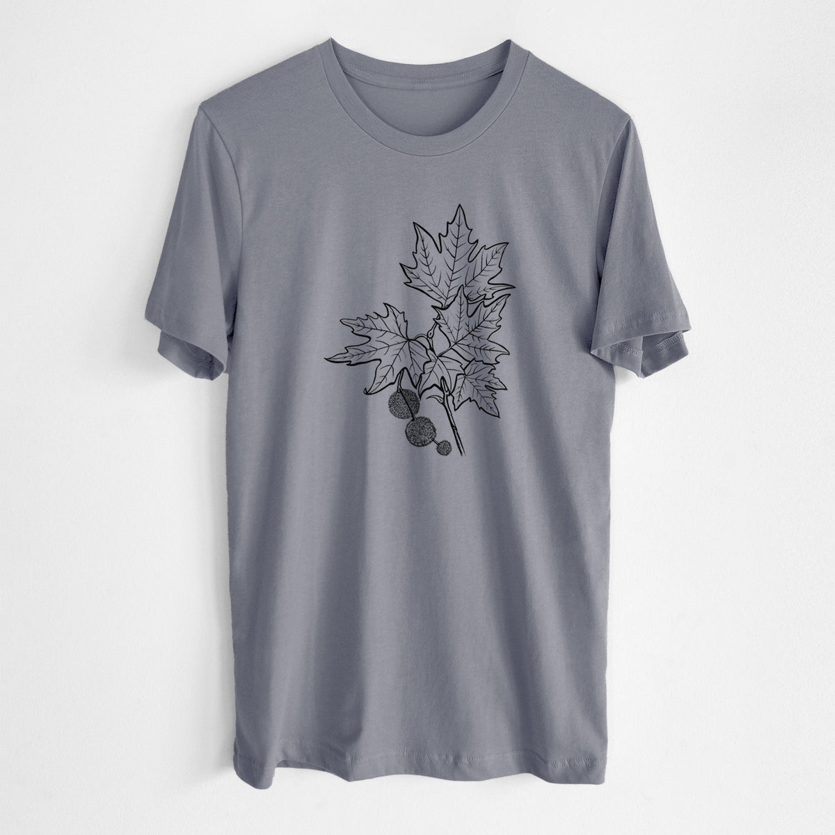Storm grey lightweight cotton t-shirt laid flat, printed with a black ink illustration of an oriental plane tree branch with lobed leaves and round seed balls.