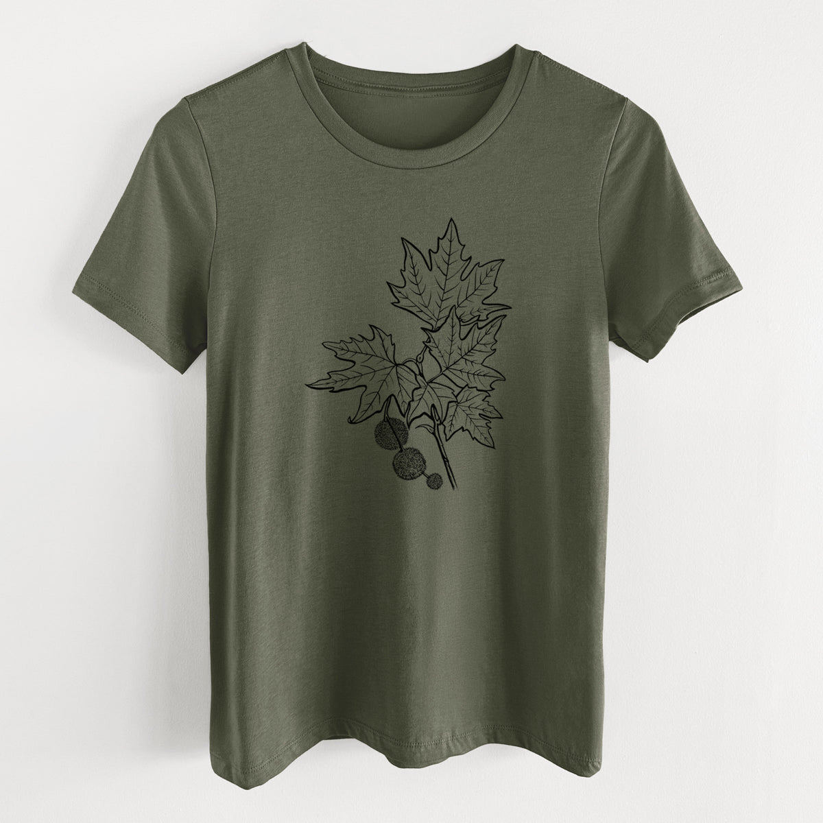 Military green women's relaxed fit cotton t-shirt laid flat, printed with a black ink illustration of an oriental plane tree branch with lobed leaves and round seed balls.