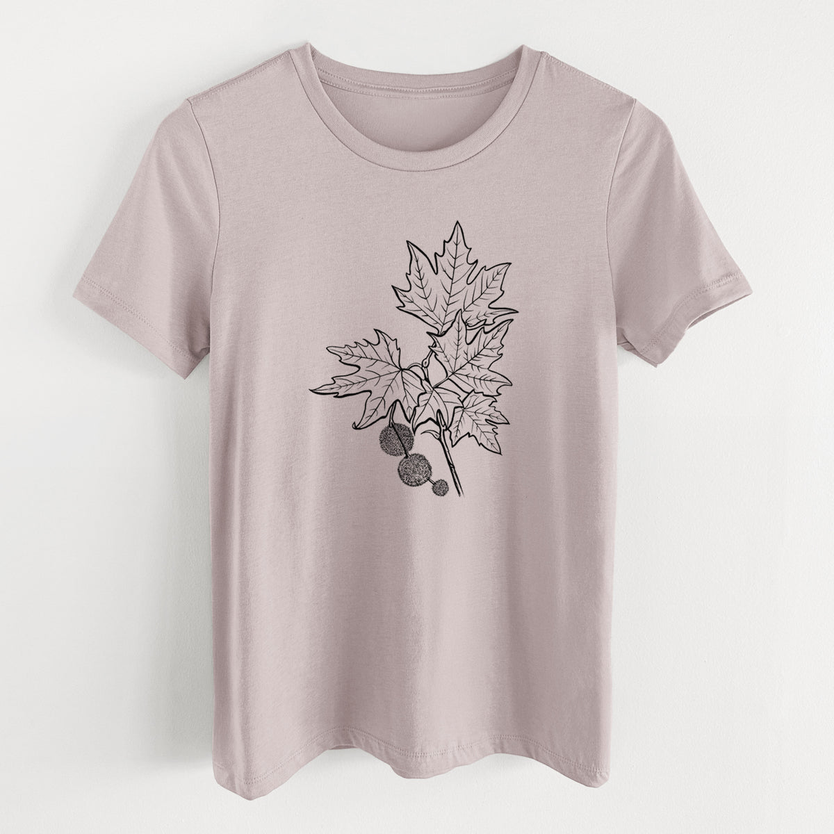 Pink gravel women's relaxed fit cotton t-shirt laid flat, printed with a black ink illustration of an oriental plane tree branch with lobed leaves and round seed balls.