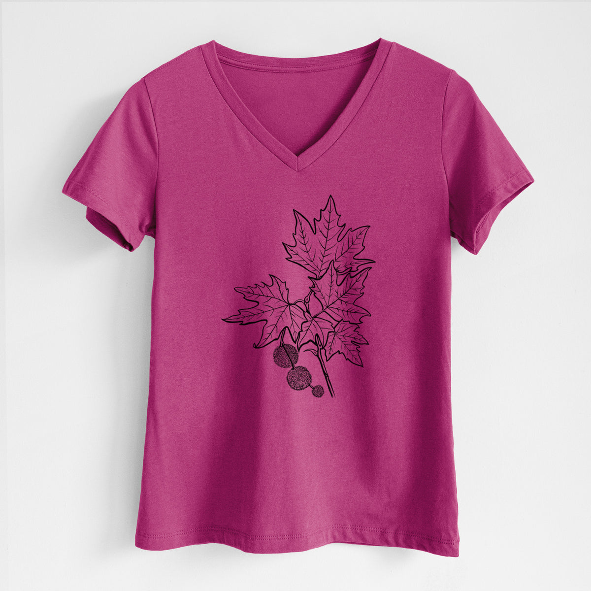 Berry pink women's relaxed fit cotton V-neck t-shirt laid flat, printed with a black ink illustration of an oriental plane tree branch with lobed leaves and round seed balls.