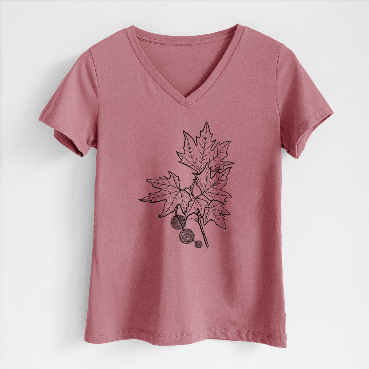 Mauve pink women's relaxed fit cotton V-neck t-shirt laid flat, printed with a black ink illustration of an oriental plane tree branch with lobed leaves and round seed balls.