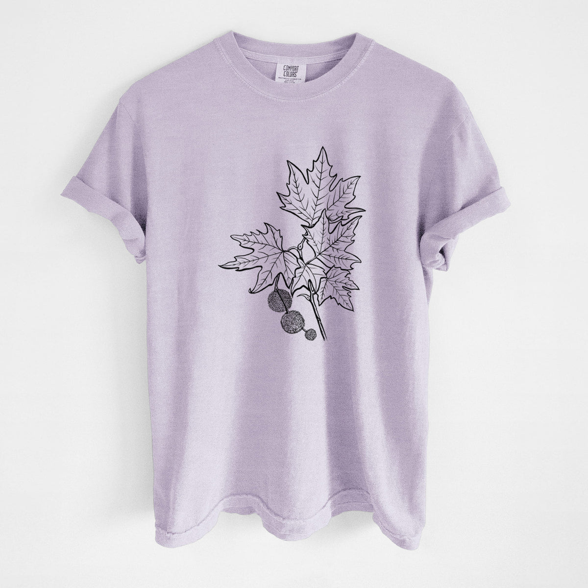 Orchid purple Comfort Colors t-shirt laid flat, printed with a black ink illustration of an oriental plane tree branch with lobed leaves and round seed balls.