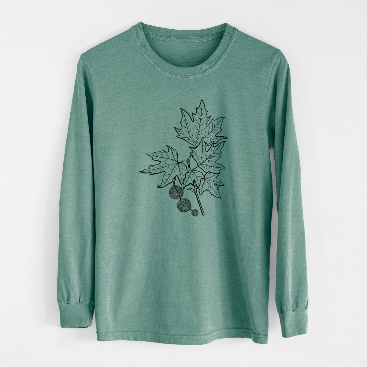 Pine green Comfort Colors long sleeve shirt laid flat, printed with a black ink illustration of an oriental plane tree branch with lobed leaves and round seed balls.