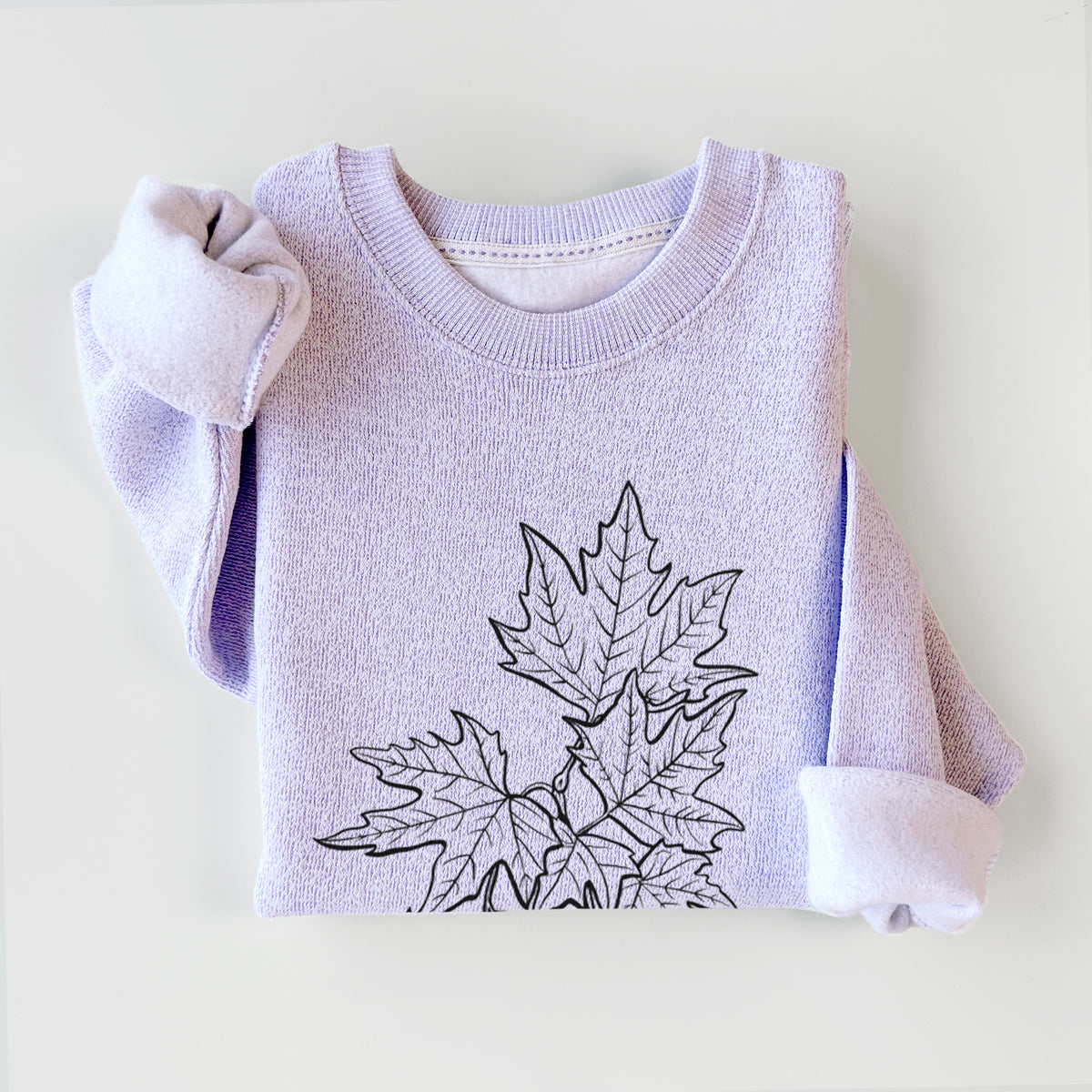 Ice purple knit sweatshirt printed with a black ink illustration of an oriental plane tree branch with lobed leaves and round seed balls, styled flat.