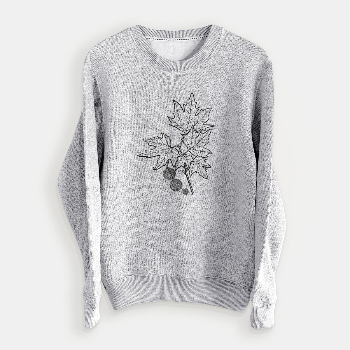 Salt and pepper knit sweatshirt laid flat, printed with a black ink illustration of an oriental plane tree branch with lobed leaves and round seed balls.