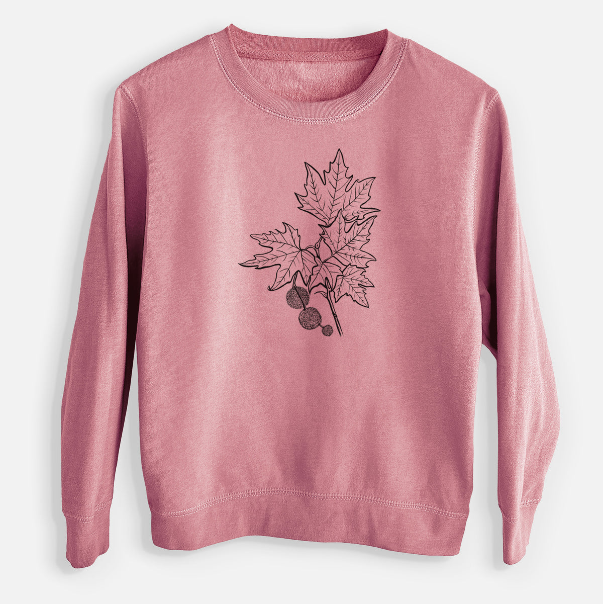 Mauve pink youth crewneck sweatshirt laid flat, printed with a black ink illustration of an oriental plane tree branch with lobed leaves and round seed balls.