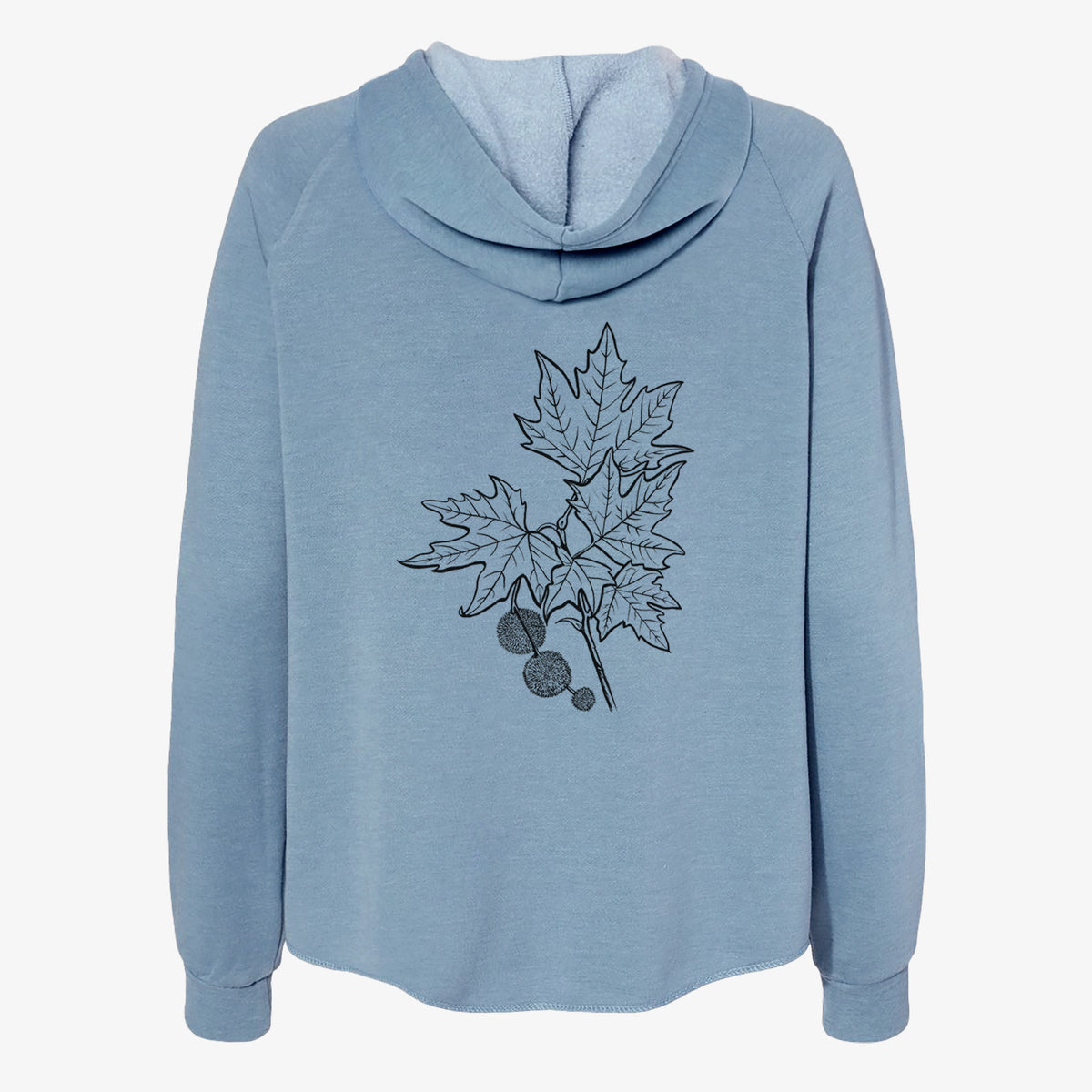 Misty blue women's Cali Wave zip-up sweatshirt laid flat, printed with a black ink illustration of an oriental plane tree branch with lobed leaves and round seed balls.