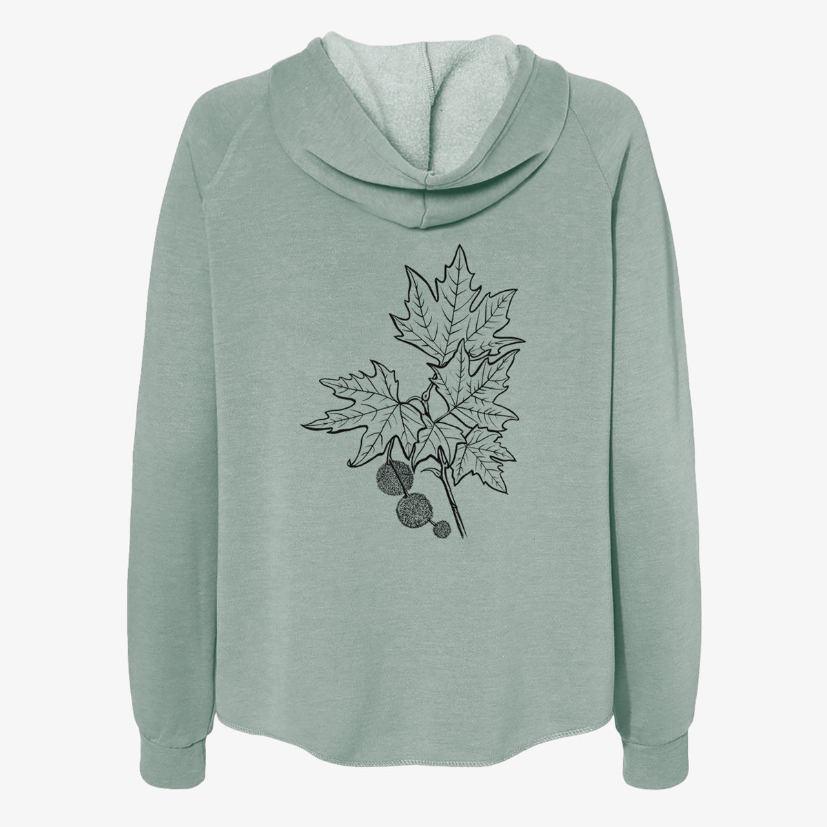 Sage green women's Cali Wave zip-up sweatshirt laid flat, printed with a black ink illustration of an oriental plane tree branch with lobed leaves and round seed balls.