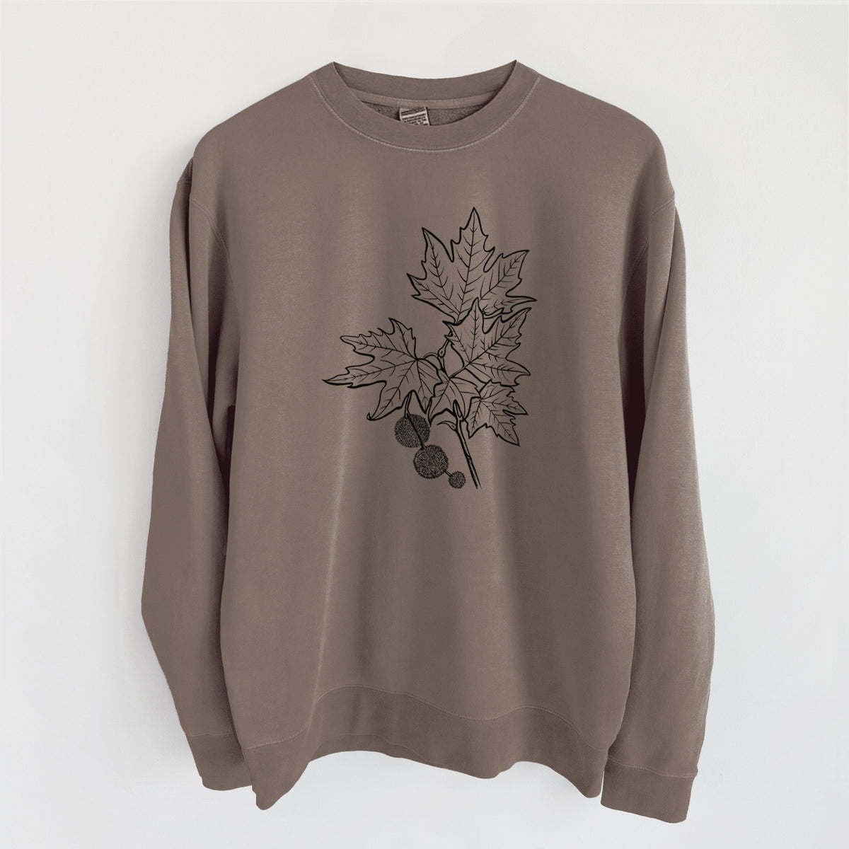 Platanus Orientalis - Oriental Plane Tree Stem with Leaves - Unisex Pigment Dyed Crew Sweatshirt in Espresso Brown Color