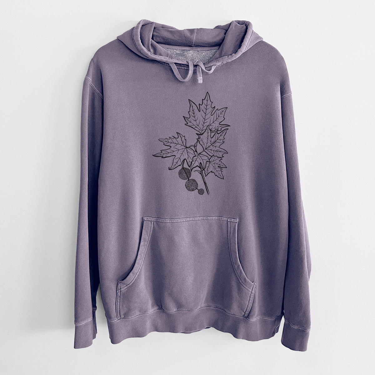 Plum purple pigment dyed hoodie laid flat, printed with a black ink illustration of an oriental plane tree branch with lobed leaves and round seed balls.