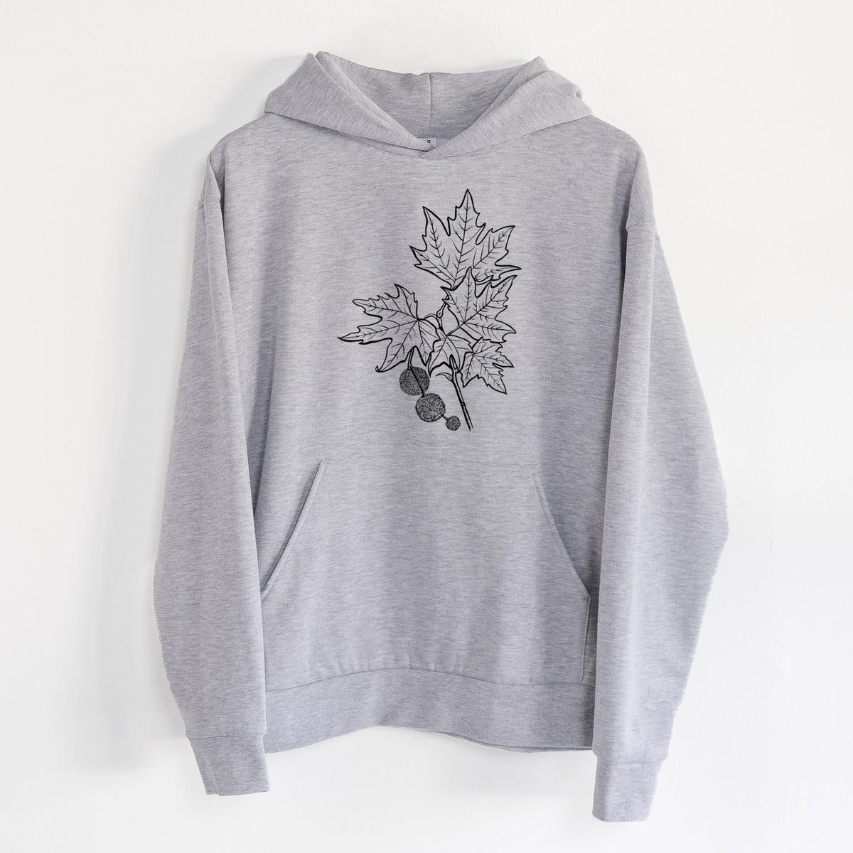 Platanus Orientalis - Oriental Plane Tree Stem with Leaves - Statement Midweight Hoodie in Heather Grey, hanging on a white wall, with a front kangaroo pocket and no drawcords.