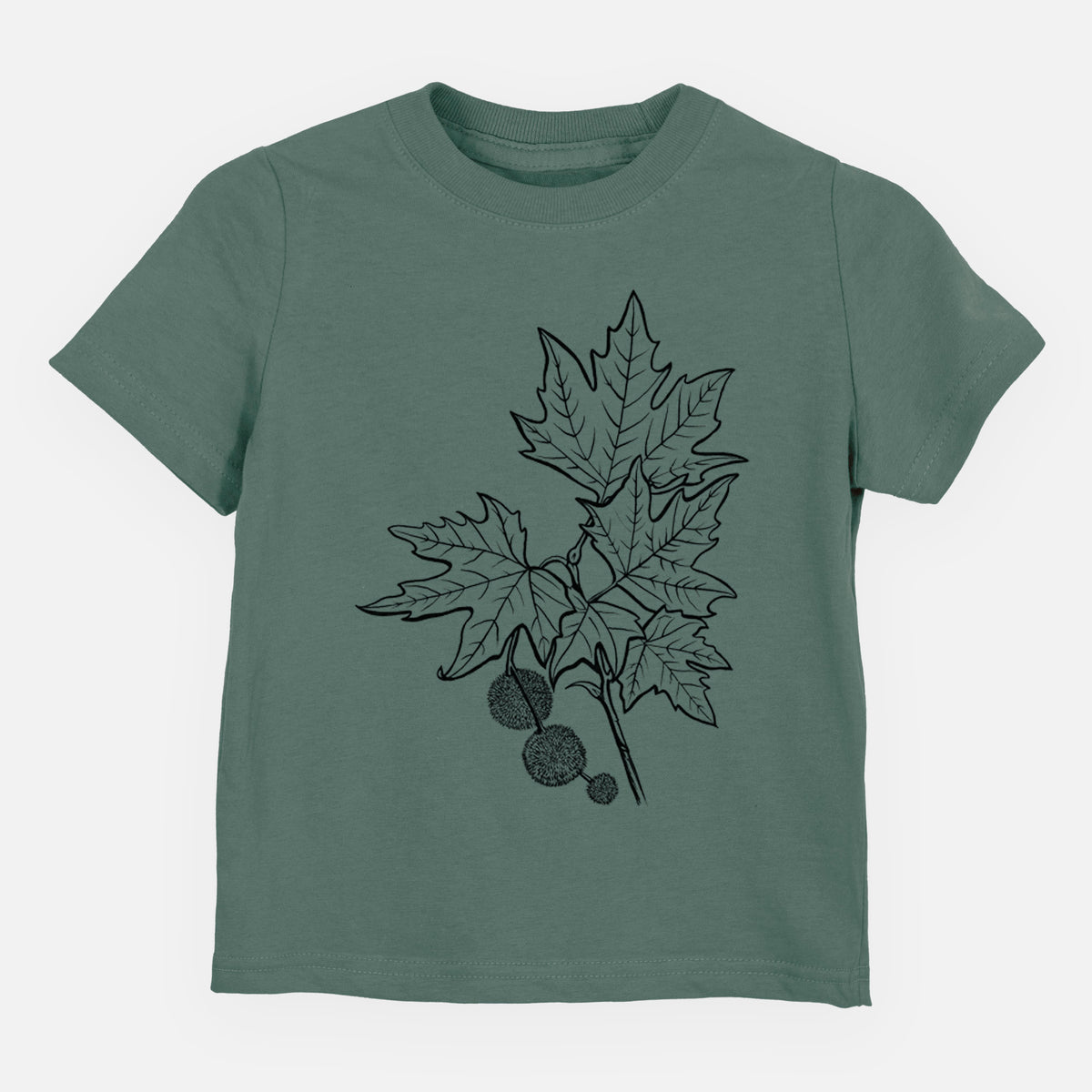 Basil green toddler t-shirt laid flat, printed with a black ink illustration of an oriental plane tree branch with lobed leaves and round seed balls.