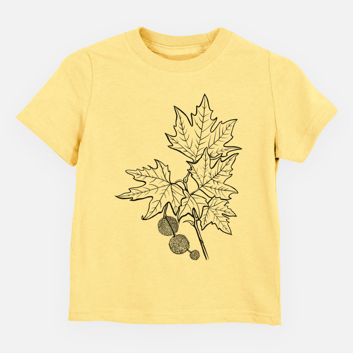 Butter yellow toddler t-shirt laid flat, printed with a black ink illustration of an oriental plane tree branch with lobed leaves and round seed balls.